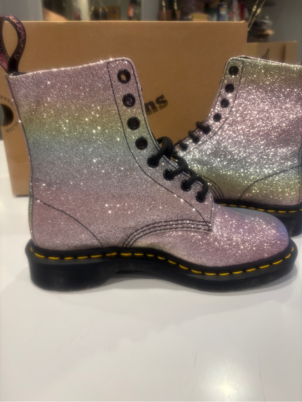 Dr. Martens Pink Rainbow Glitter 8-Eye Boots